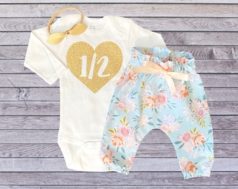 1/2 In Heart Outfit 6 Month Old Baby Girl - Gold Glitter Bodysuit + High Waisted Vintage Pastel Boho Floral Pants + Bow - Photoshoot - Gift