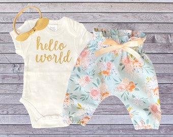 Hello World Newborn Take Home Outfit - Gold Glitter Bodysuit + High Waisted Vintage Floral Pants + Bow / Headband - Newborn Baby Girl Outfit