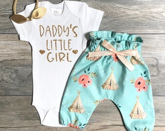 Daddy's Little Girl Outfit Baby Girl - Bodysuit + High Waisted Floral Teepee Pants + Bow - Best Dad Set - Daddy Girl Outfit -Cutest BabyGirl