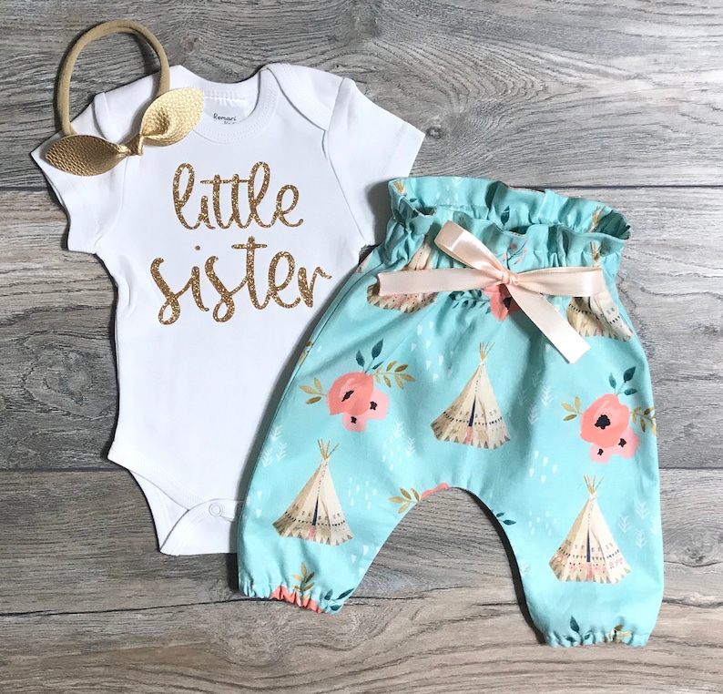 Photo Shoot High Waist Teepee Pants Newborn Coming Home Set Baby Girl Gold Glitter Little Sister Bodysuit Little Sister Outfit Bow