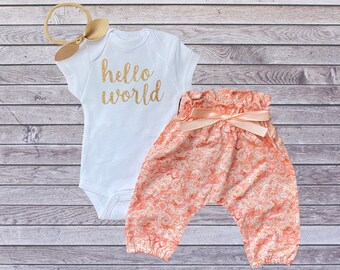Hello World Newborn Take Home Outfit Baby Girl - Bodysuit + Coral Roses High Waisted Pants - Hospital Photo Shoot - Baby Shower Gift Idea