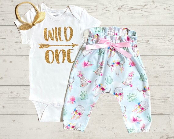 Gold Bow Headband 1st Birthday Outfit Baby Girl Boho Bull Skull Pants Bodysuit One Derful First Birthday Outfit