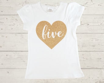 Birthday Outfit 5 Year Old Girl - 5th Birthday Outfit - Five In Heart Gold Glitter Short Puff Sleeve T-Shirt