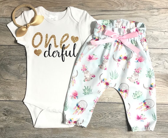 Gold Bow Headband 1st Birthday Outfit Baby Girl Boho Bull Skull Pants Bodysuit One Derful First Birthday Outfit