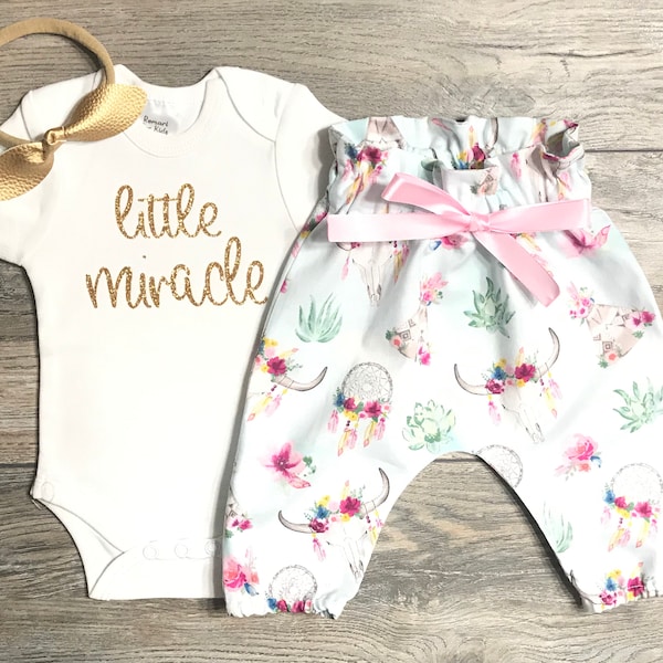 Little Miracle Newborn / Preemie Outfit - Coming Home Hospital Set - Bodysuit + Boho High Waisted Pants + Bow - Take Home Outfit Baby Girls