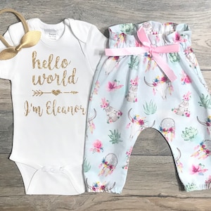 Hello World Custom Newborn Take Home Outfit - Bodysuit + High Waisted Floral Boho Bull Skull Pants + Gold Bow - Newborn Baby Girl Outfit