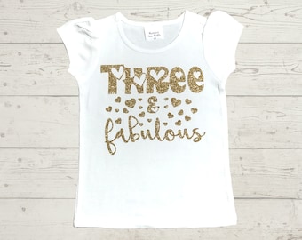 Birthday Outfit Three & Fabulous 3 Year Old - 3rd Birthday Outfit - White Puff Short Sleeve T-Shirt Third Birthday Gold Glitter