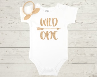 1st Birthday Outfit Wild One - Birthday Set Girl Bodysuit Gold Glitter - First Birthday Outfit - 1 Year Old - Birthday Outfit + Bow