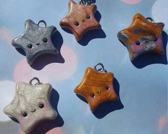 Metallic Colored Kawaii Stars - Polymer Clay Charm - Cute Star with a Kawaii Face - Cute Accessory - Backpack Charm - Cute Jewelry