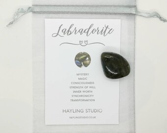 Labradorite Gemstone with Info Card and Gift Bag - A Grade Labradorite Crystal - Labradorite Gift - Hayling Studio Tumbled Stone