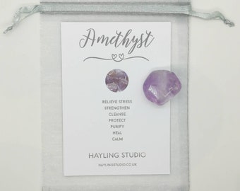 Amethyst Gemstone with Info Card and Gift Bag - A Grade Amethyst Crystal - Amethyst Gift - Hayling Studio Tumbled Stone