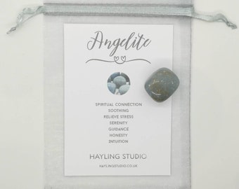 Angelite Gemstone with Info Card and Gift Bag - A Grade Angelite Crystal - Angelite Gift - Hayling Studio Tumbled Stone