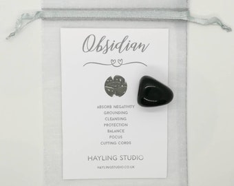 Black Obsidian Gemstone with Info Card and Gift Bag - A Grade Black Obsidian Crystal - Black Obsidian Gift - Hayling Studio Tumbled Stone