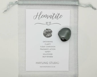 Hematite Gemstone with Info Card and Gift Bag - A Grade Hematite Crystal - Hematite Gift - Hayling Studio Tumbled Stone