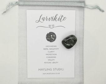Larvikite (Black Moonstone) Gemstone with Info Card and Gift Bag - A Grade Larvikite Crystal - Larvikite Gift - Hayling Studio Tumbled Stone