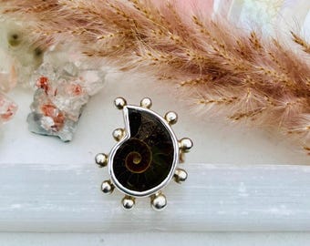 May include: A silver ring featuring a polished ammonite fossil with a spiral pattern. The fossil is set in a silver bezel and surrounded by small silver beads. The ring is displayed on a white surface.