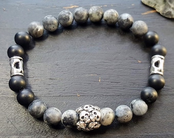 Pile of skulls bracelet, Larvikite and Black Agate, Stretch bracelet, Skull jewelry, Stackable bracelet, Men's fashion, Goth jewelry