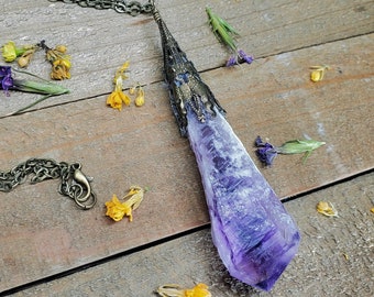 Elestial Amethyst point necklace, Amethyst wand necklace, Gemstone filigree jewelry, Hippie boho fashion, February birthstone, Raw Amethyst