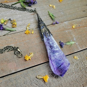 Elestial Amethyst point necklace, Amethyst wand necklace, Gemstone filigree jewelry, Hippie boho fashion, February birthstone, Raw Amethyst