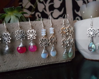 Lotus gemstone earrings, Wire wrapped gemstone earrings, Dangle earrings, Flower of Life earrings, Boho hippie jewelry