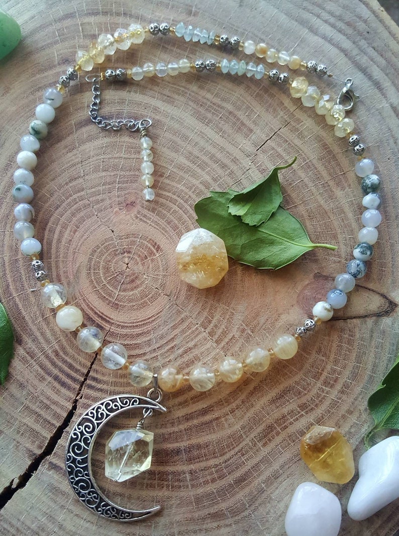 Hippie boho style Crescent moon gemstone necklace Citrine necklace Aquamarine jewelry Statement jewelry Gift for her Moss Agate