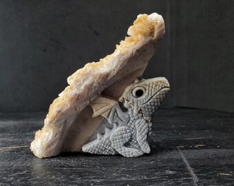 Dogtooth calcite baby flying dragon carving, Crystal dragon statue, Fantasy decor, Mythology, Gemstone home decor, Unique gift ideas
