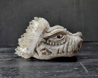 Dragón de cristal de cuarzo, piedra tallada a mano, estatua de dragón, decoración de fantasía para el hogar, decoración gótica, figura de dragón volador, mitología animal de piedra preciosa