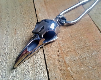 Large stainless steel bird skull necklace, Raven skull necklace, Crow skull necklace, Stainless steel snake chain, Men fashion, Goth jewelry