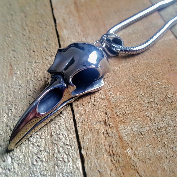 Large stainless steel bird skull necklace, Raven skull necklace, Crow skull necklace, Stainless steel snake chain, Men fashion, Goth jewelry