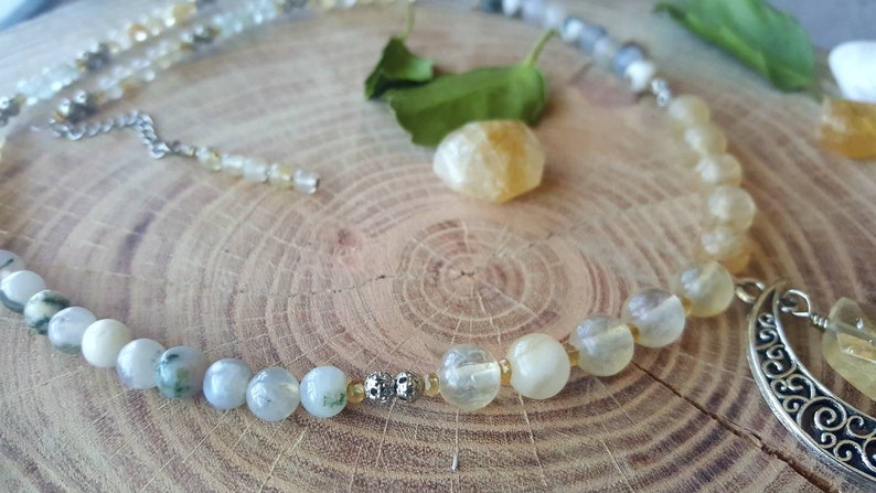 Hippie boho style Crescent moon gemstone necklace Citrine necklace Aquamarine jewelry Statement jewelry Gift for her Moss Agate