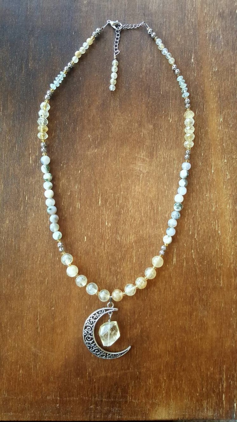 Hippie boho style Crescent moon gemstone necklace Citrine necklace Aquamarine jewelry Statement jewelry Gift for her Moss Agate
