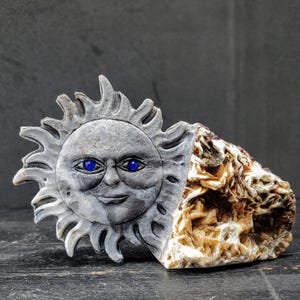 Sun quartz carving, Crystal home decor, Hand carved geode carving, Unique gift idea, Summer themed gifts, Purple Fluorite, One of a kind