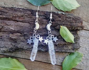 Starry Night Clear Quartz gemstone earrings, Wire wrapped Quartz earrings, Gemstone dangling earring, Chunky statement earring, Moon earring