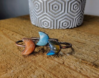 Mini gemstone crescent moon ring, Electroformed Copper ring, Boho jewelry, Gifts for her, Hippie, Witchy, Celestial, Dainty, Elven, Fairy