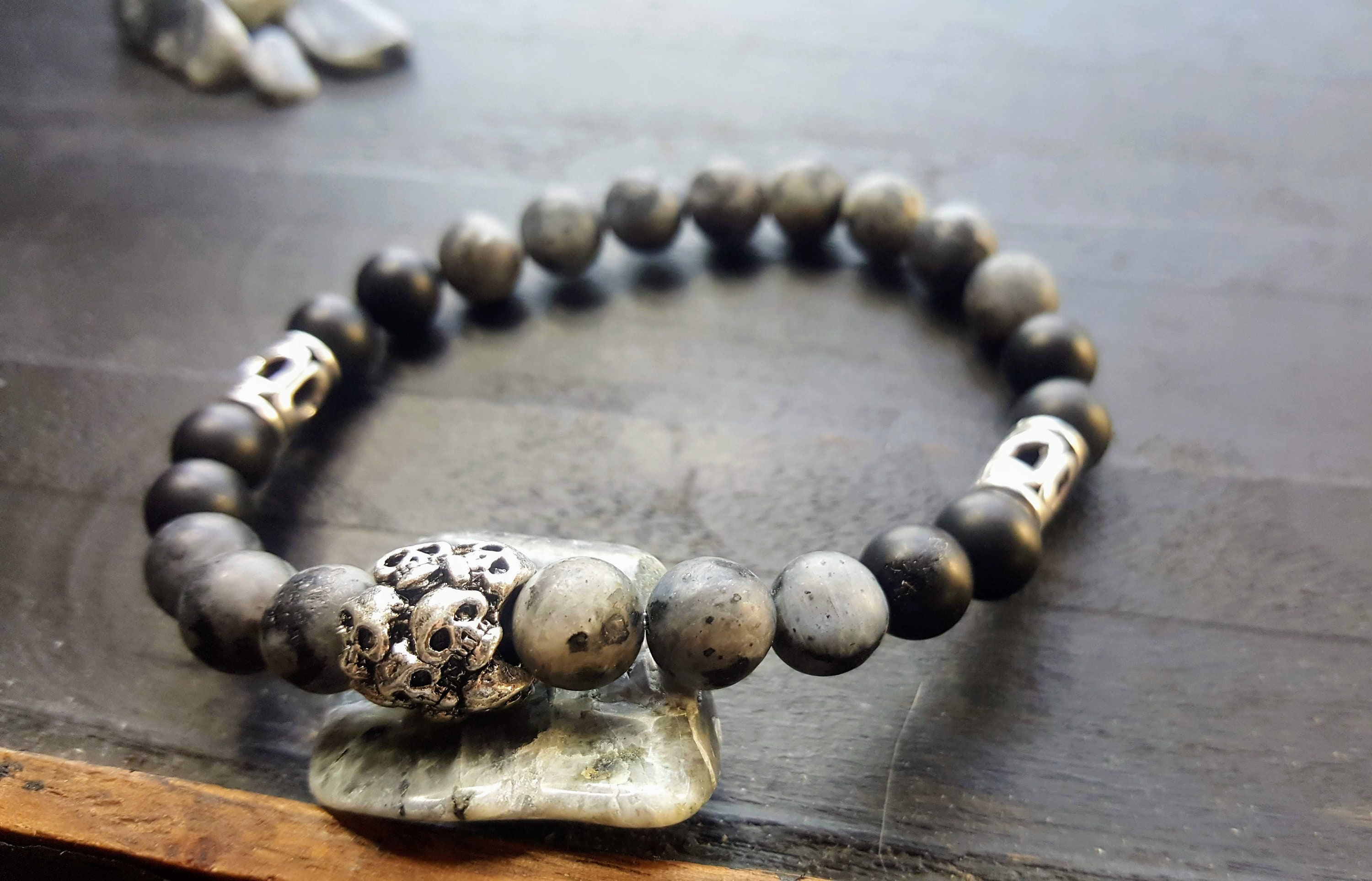 Pile of Skulls Bracelet Larvikite and Black Agate Stretch - Etsy