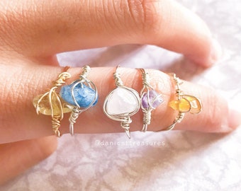 Raw Crystal Ring Set: Healing Quartz, Amethyst, Rose Quartz