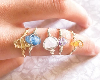 Crystal Ring Set, Raw Rose Quartz Ring, Citrine Ring, Amethyst Ring, Blue Quartz, Semi Precious Crystal, Minimalist, Dainty, Chic, cute ring