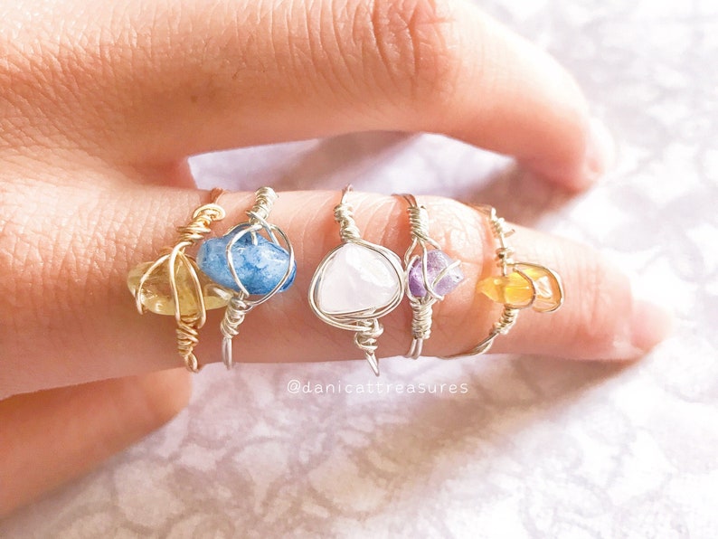 Crystal Ring Set, Raw Rose Quartz Ring, Citrine Ring, Amethyst Ring, Blue Quartz, Semi Precious Crystal, Minimalist, Dainty, Chic, cute ring 