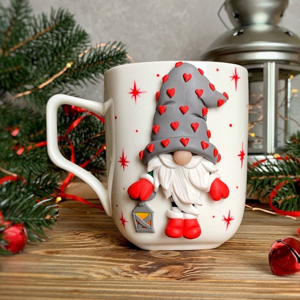 Christmas Mugs, Christmas coffee cup, personalized Christmas mugs, gnome mug handmade, Christmas mug 3D