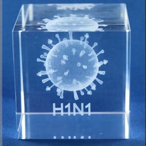 May include: A clear glass cube with a 3D etched image of the H1N1 virus. The text "H1N1" is etched below the image.