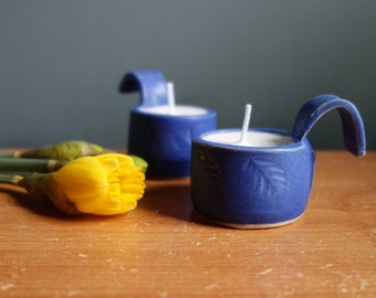 Cobalt Blue Stoneware Tea Light with Soy Wax and Sidekick Handle - Handcrafted Candle Holder