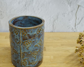 Handmade pottery toothbrush holder with sea turtle pattern - two design variations