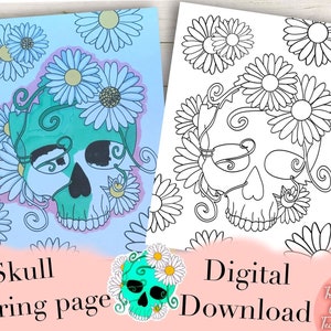 Skull Coloring Page, Digital Download, Print at home coloring sheet, Adult Coloring, Flower Coloring Page, Printable Coloring Page,