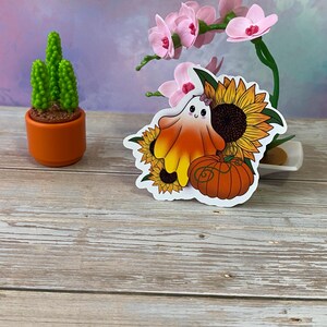Candy Corn Ghost Vinyl Sticker – Sunflower, Pumpkin, Spooky Halloween