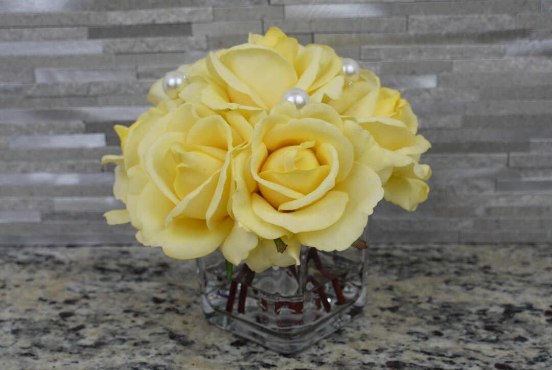 Real Touch Artificial Rose Arrangement in Vase With Pearl Detail7 Roses Etsy