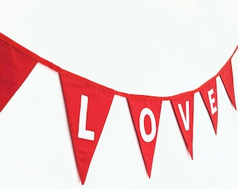 LOVE bunting, handmade fabric red Valentines bunting, double-sided, Valentine's decoration