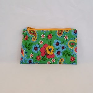 Recycled medium green floral zipper coin purse - ready for shipping