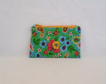 Recycled medium green floral zipper coin purse - ready for shipping