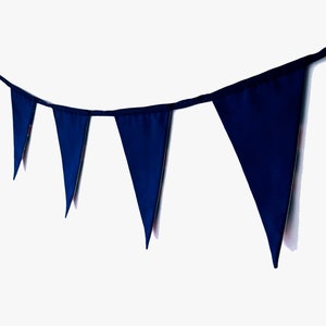 May include: A string of blue triangle-shaped pennants hanging from a white background.