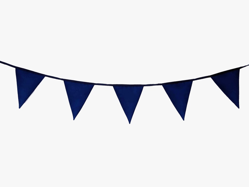 May include: A navy blue bunting with triangular flags strung together. The bunting is hanging from a white background.